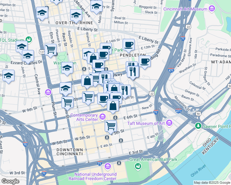 map of restaurants, bars, coffee shops, grocery stores, and more near 215 East 9th Street in Cincinnati