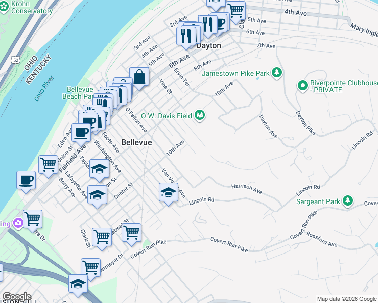 map of restaurants, bars, coffee shops, grocery stores, and more near 1010 Maple Avenue in Dayton