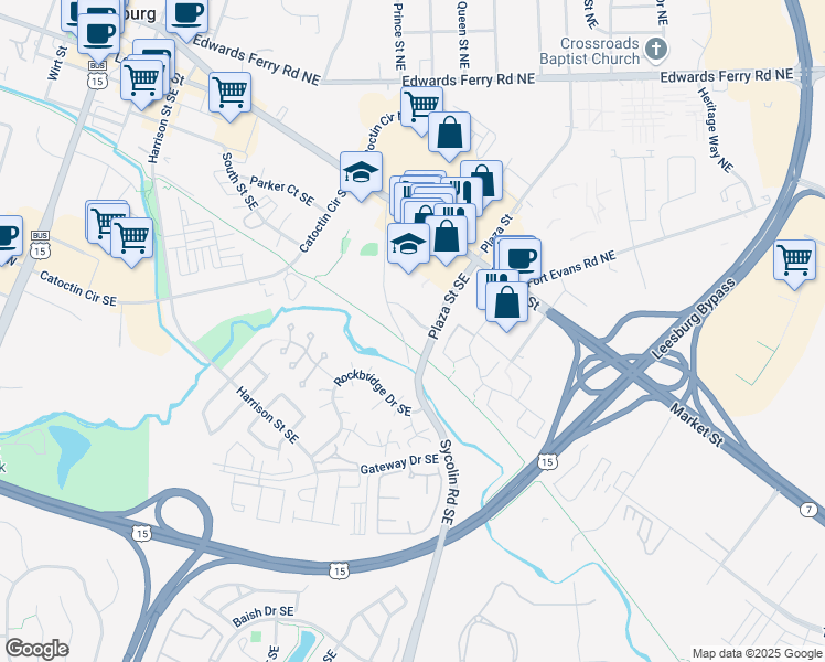 map of restaurants, bars, coffee shops, grocery stores, and more near 58 Sycolin Road Southeast in Leesburg