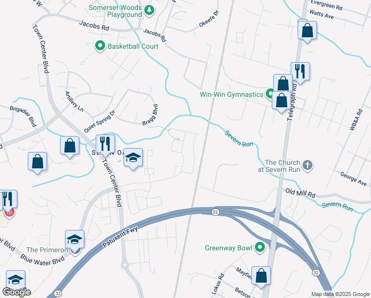 map of restaurants, bars, coffee shops, grocery stores, and more near 2545 Blue Water Boulevard in Odenton