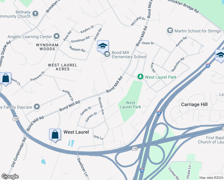 map of restaurants, bars, coffee shops, grocery stores, and more near 15713 Bond Mill Road in Laurel