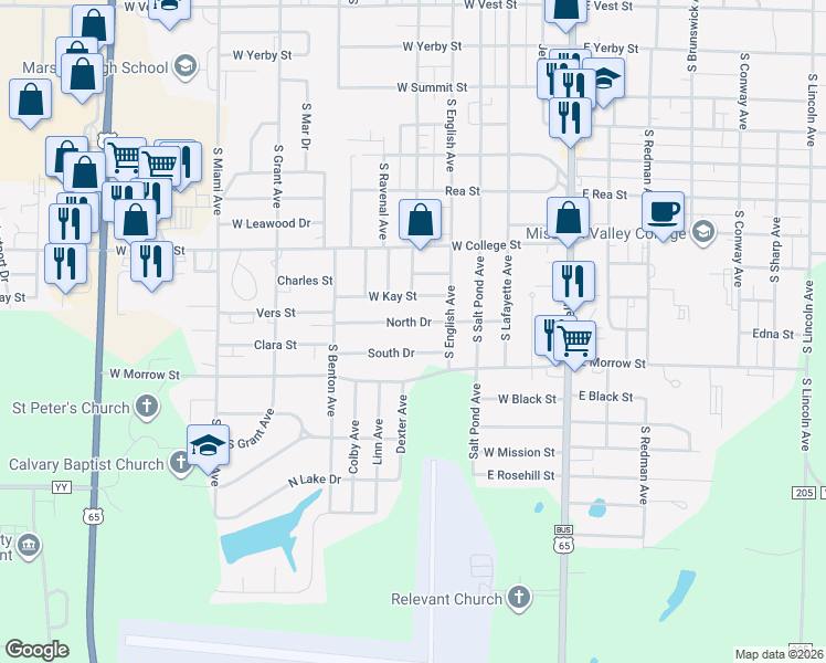 map of restaurants, bars, coffee shops, grocery stores, and more near 301-545 North Dr in Marshall