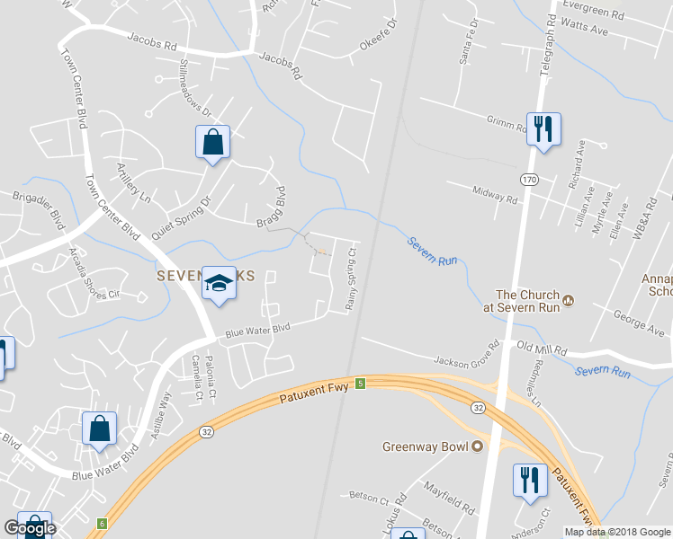 map of restaurants, bars, coffee shops, grocery stores, and more near 2545 Blue Water Boulevard in Odenton