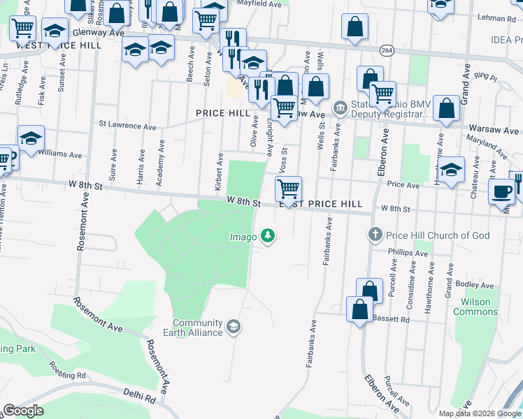 map of restaurants, bars, coffee shops, grocery stores, and more near 3642 West 8th Street in Cincinnati