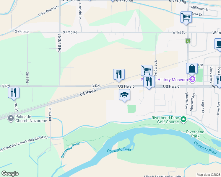 map of restaurants, bars, coffee shops, grocery stores, and more near 3669 G Road in Palisade