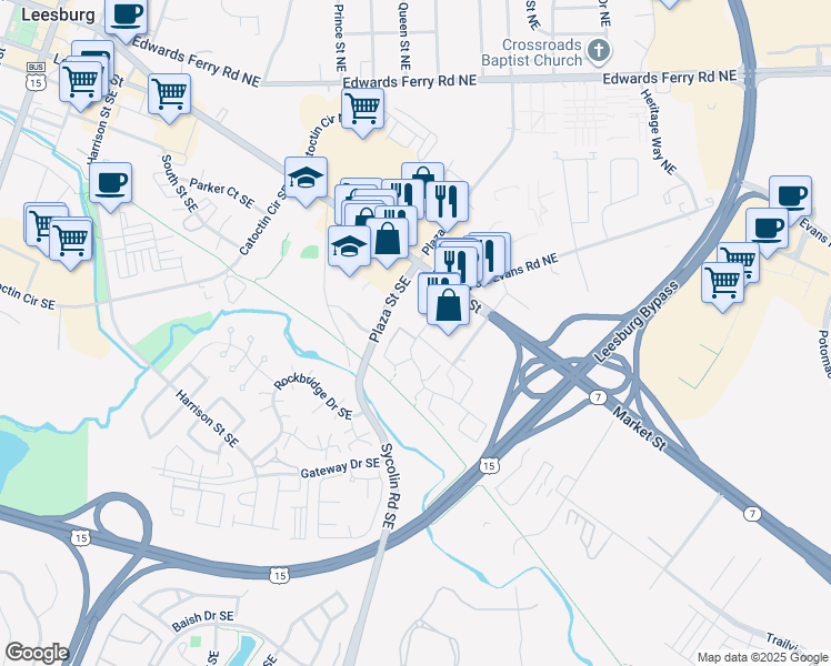 map of restaurants, bars, coffee shops, grocery stores, and more near 119 Fort Evans Road Southeast in Leesburg