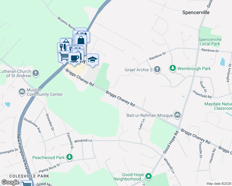map of restaurants, bars, coffee shops, grocery stores, and more near 1032 Briggs Chaney Road in Silver Spring