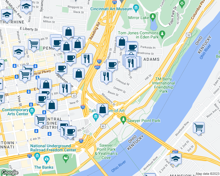 map of restaurants, bars, coffee shops, grocery stores, and more near 405 Oregon Street in Cincinnati