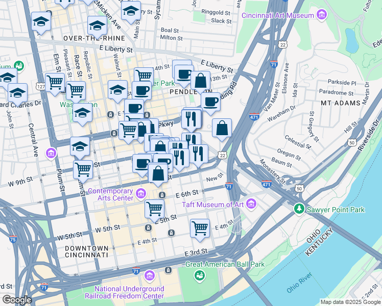 map of restaurants, bars, coffee shops, grocery stores, and more near 1000 Sycamore Street in Cincinnati