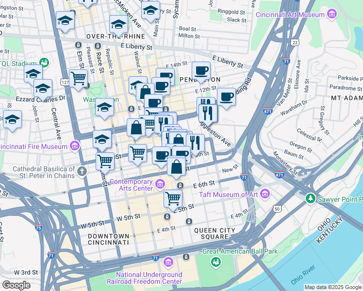 map of restaurants, bars, coffee shops, grocery stores, and more near 219 East Court Street in Cincinnati