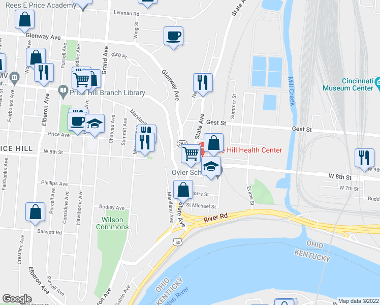 map of restaurants, bars, coffee shops, grocery stores, and more near 2334 Glenway Avenue in Cincinnati