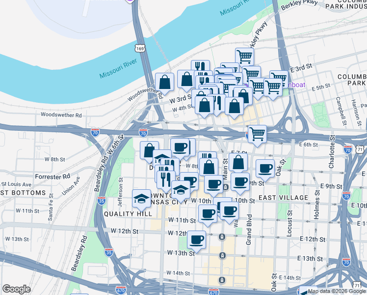 map of restaurants, bars, coffee shops, grocery stores, and more near 143 West 6th Street in Kansas City