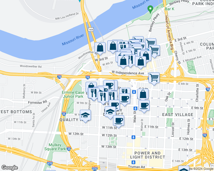 map of restaurants, bars, coffee shops, grocery stores, and more near 143 West 6th Street in Kansas City