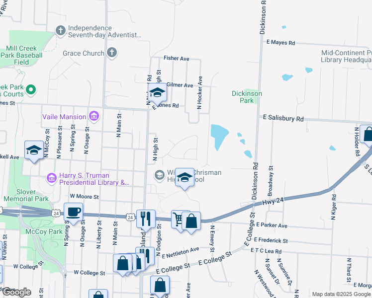 map of restaurants, bars, coffee shops, grocery stores, and more near 1402 North Pearl Drive in Independence