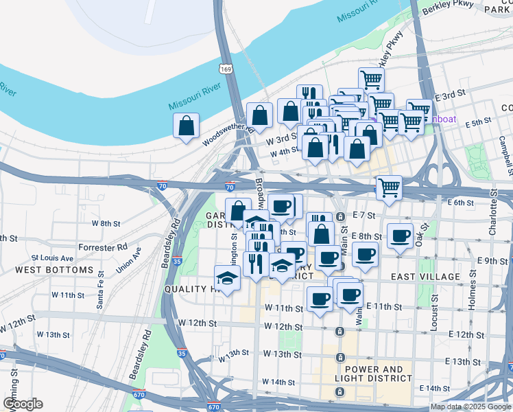 map of restaurants, bars, coffee shops, grocery stores, and more near in Kansas City