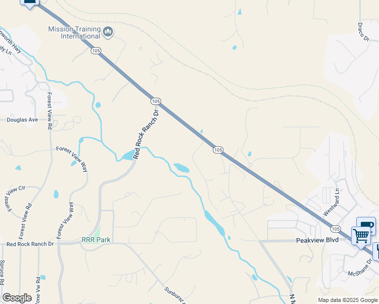 map of restaurants, bars, coffee shops, grocery stores, and more near 18860 Rockbrook Road in Palmer Lake