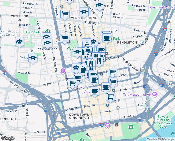 map of restaurants, bars, coffee shops, grocery stores, and more near 24-26 West Court Street in Cincinnati
