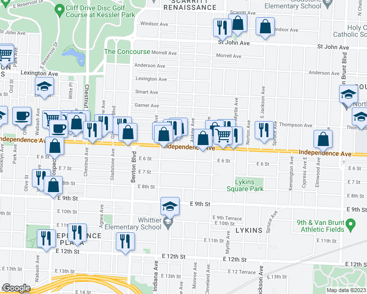 map of restaurants, bars, coffee shops, grocery stores, and more near 3508 Independence Avenue in Kansas City