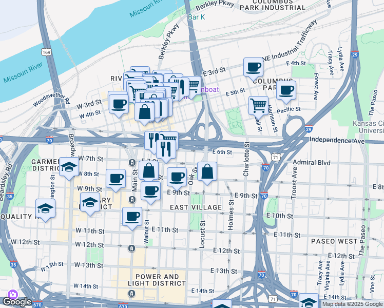 map of restaurants, bars, coffee shops, grocery stores, and more near 604 Page Street in Kansas City