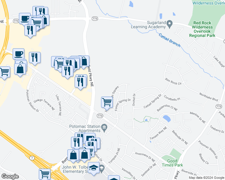 map of restaurants, bars, coffee shops, grocery stores, and more near 18445 Sierra Springs Square in Leesburg