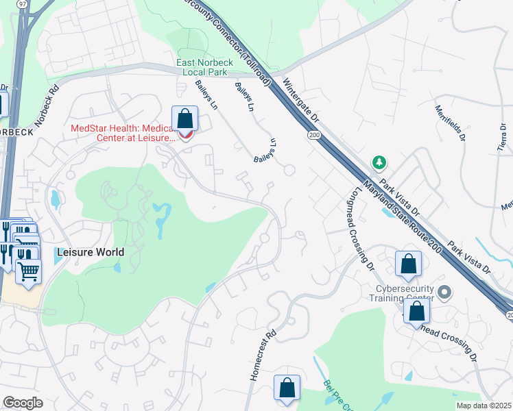 map of restaurants, bars, coffee shops, grocery stores, and more near 3100 North Leisure World Boulevard in Silver Spring