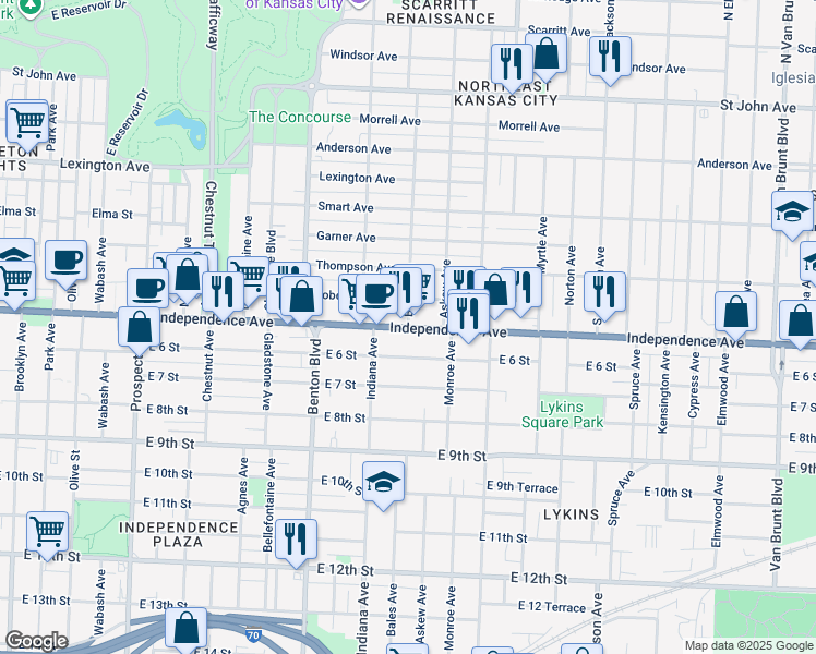 map of restaurants, bars, coffee shops, grocery stores, and more near 3478 Independence Avenue in Kansas City