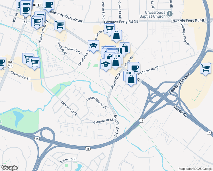 map of restaurants, bars, coffee shops, grocery stores, and more near 58 Sycolin Road Southeast in Leesburg