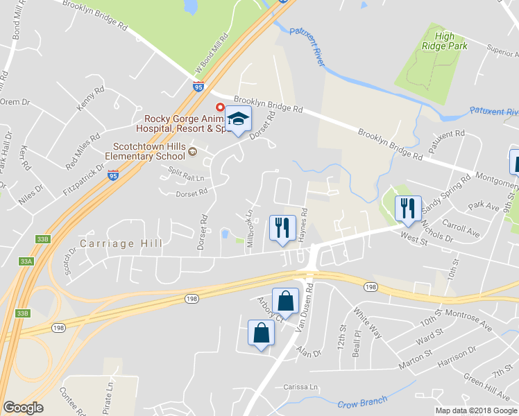 map of restaurants, bars, coffee shops, grocery stores, and more near 15743 Millbrook Lane in Laurel