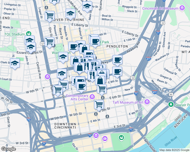 map of restaurants, bars, coffee shops, grocery stores, and more near 120 East Central Parkway in Cincinnati