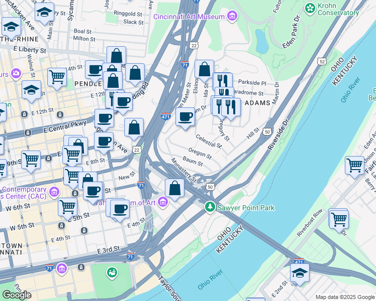 map of restaurants, bars, coffee shops, grocery stores, and more near 391 Oregon Street in Cincinnati
