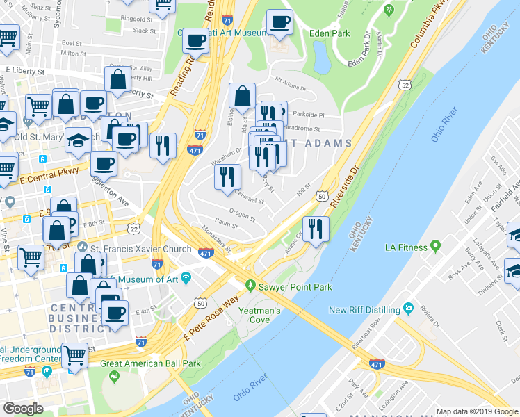 map of restaurants, bars, coffee shops, grocery stores, and more near 1026 Celestial Street in Cincinnati
