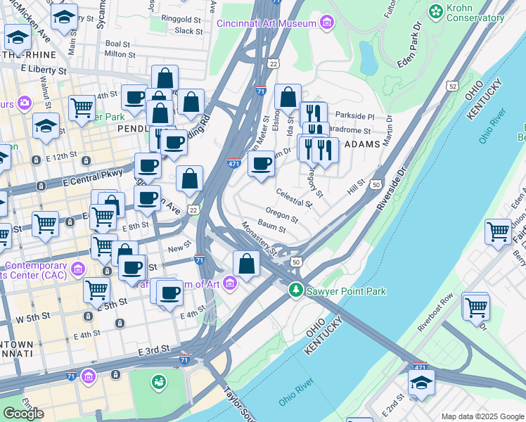 map of restaurants, bars, coffee shops, grocery stores, and more near 405 Oregon Street in Cincinnati