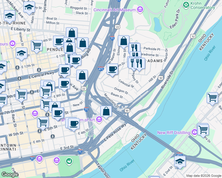 map of restaurants, bars, coffee shops, grocery stores, and more near 405 Oregon Street in Cincinnati