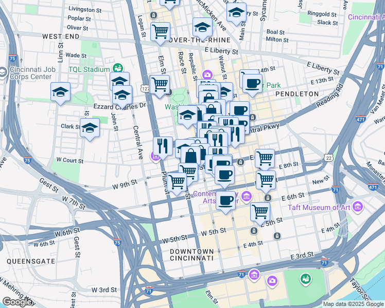 map of restaurants, bars, coffee shops, grocery stores, and more near 26 West Court Street in Cincinnati