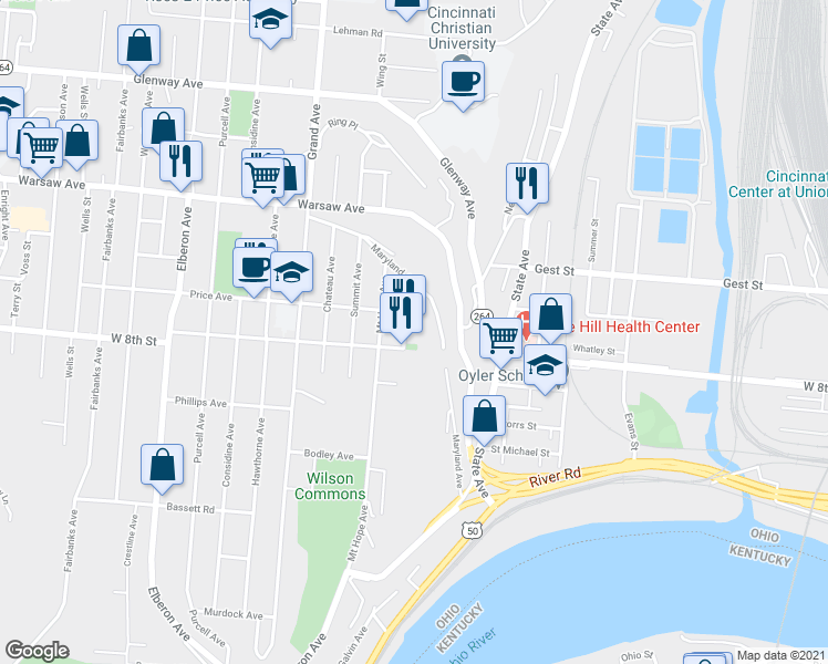 map of restaurants, bars, coffee shops, grocery stores, and more near 824 Matson Place in Cincinnati