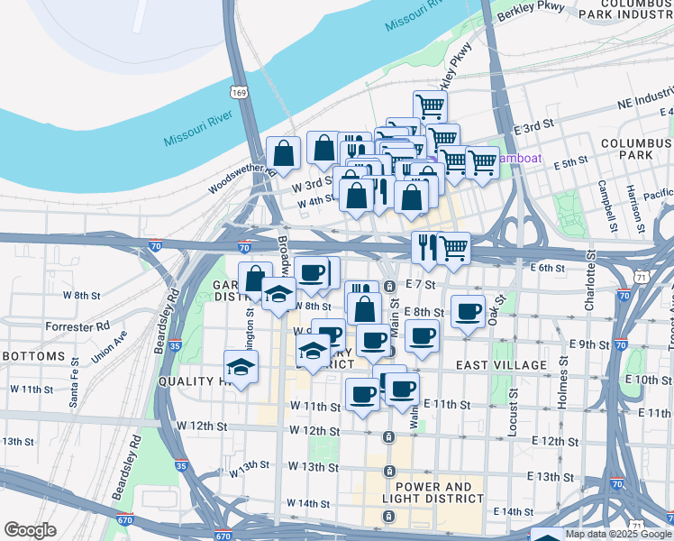 map of restaurants, bars, coffee shops, grocery stores, and more near 201 West 6th Street in Kansas City