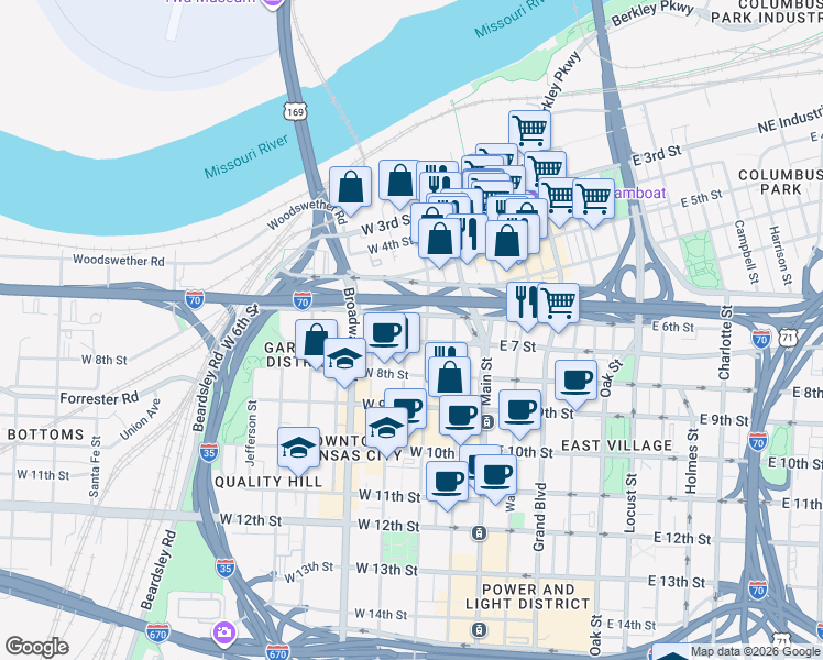 map of restaurants, bars, coffee shops, grocery stores, and more near 201 West 6th Street in Kansas City