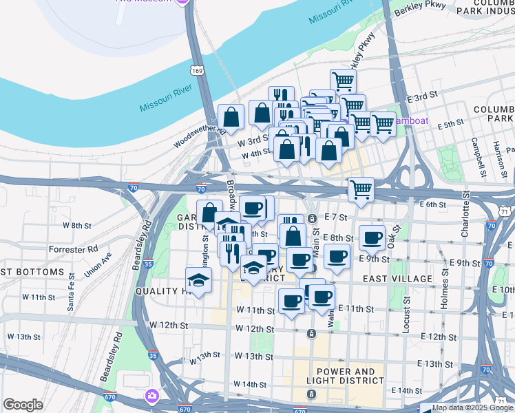 map of restaurants, bars, coffee shops, grocery stores, and more near 143 West 6th Street in Kansas City