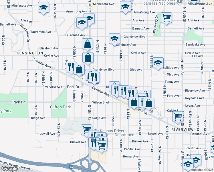 map of restaurants, bars, coffee shops, grocery stores, and more near 215 North 16 Street in Kansas City