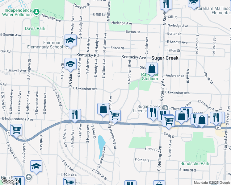 map of restaurants, bars, coffee shops, grocery stores, and more near 10607 East Lexington Avenue in Sugar Creek