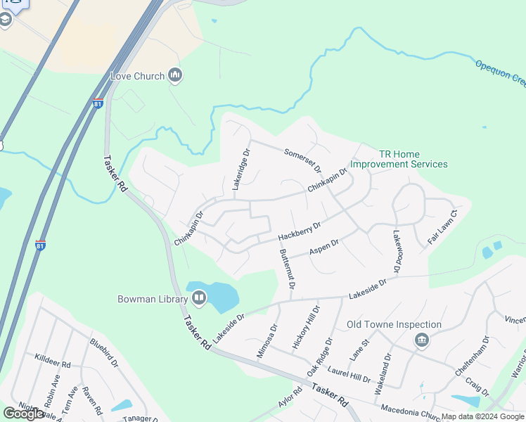 map of restaurants, bars, coffee shops, grocery stores, and more near 223 Surrey Club Lane in Stephens City