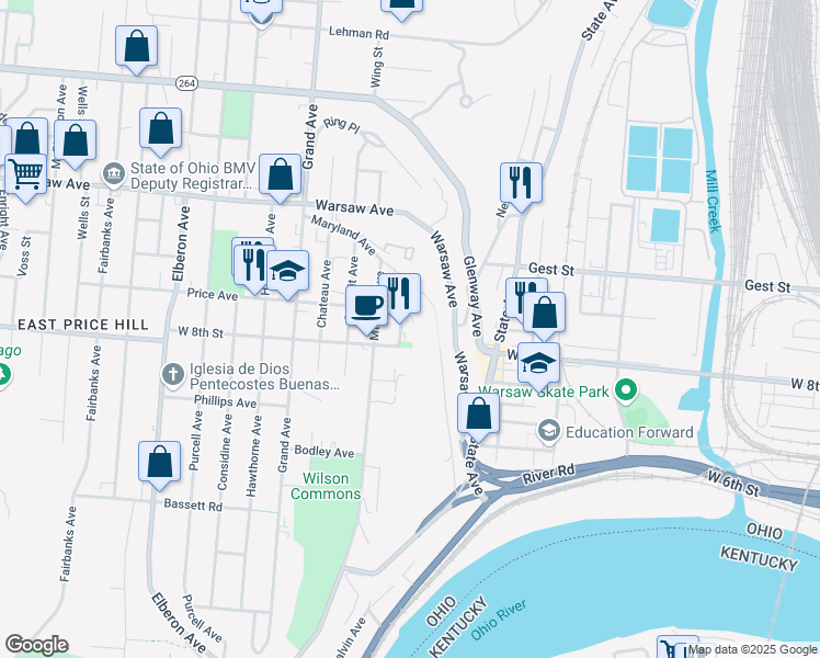 map of restaurants, bars, coffee shops, grocery stores, and more near 824 Matson Place in Cincinnati