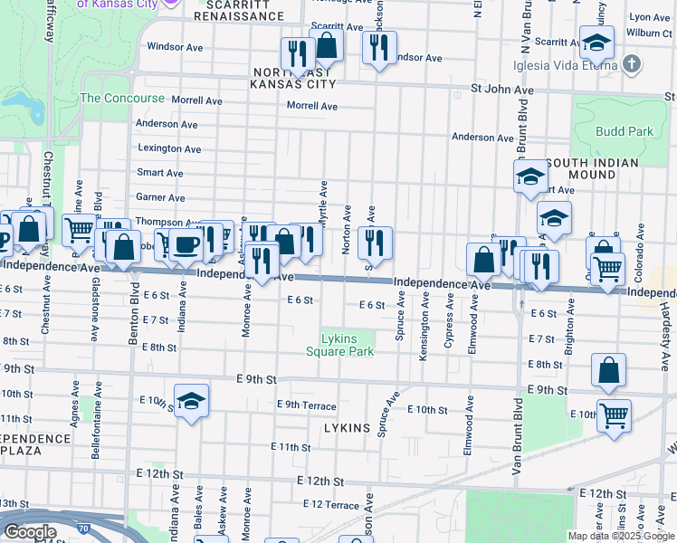 map of restaurants, bars, coffee shops, grocery stores, and more near 540 Norton Avenue in Kansas City