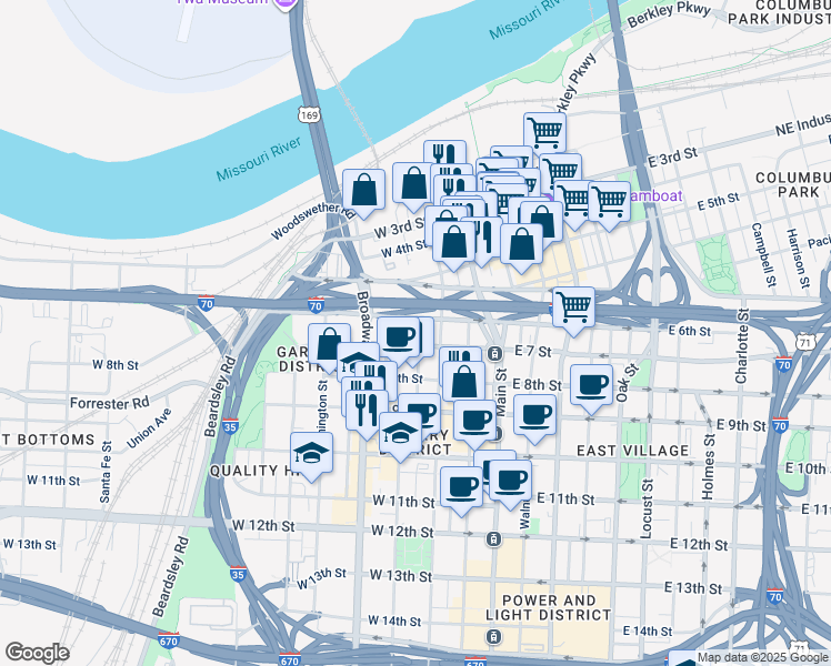 map of restaurants, bars, coffee shops, grocery stores, and more near 612 Central Street in Kansas City