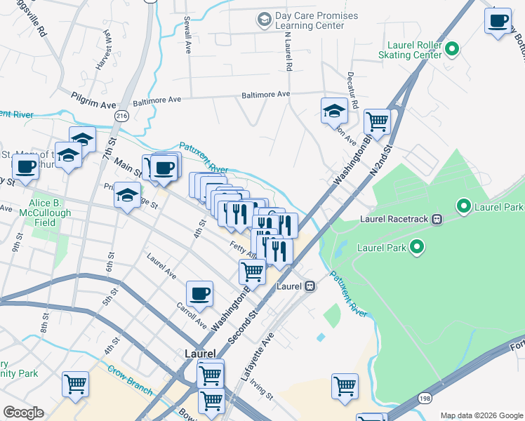 map of restaurants, bars, coffee shops, grocery stores, and more near 24 C Street in Laurel
