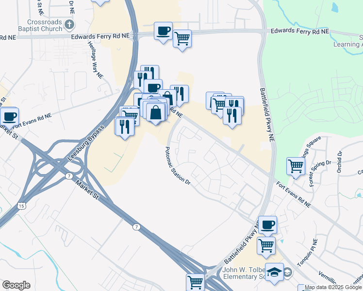 map of restaurants, bars, coffee shops, grocery stores, and more near 452 Andromeda Terrace Northeast in Leesburg