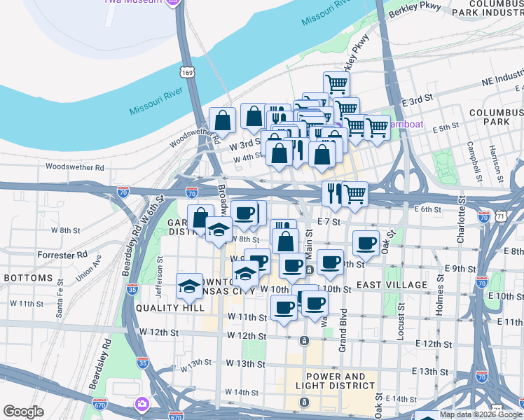 map of restaurants, bars, coffee shops, grocery stores, and more near 201 West 6th Street in Kansas City