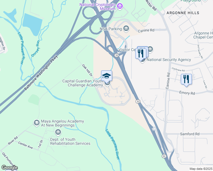 map of restaurants, bars, coffee shops, grocery stores, and more near 3201 Oak Hill Drive in Laurel