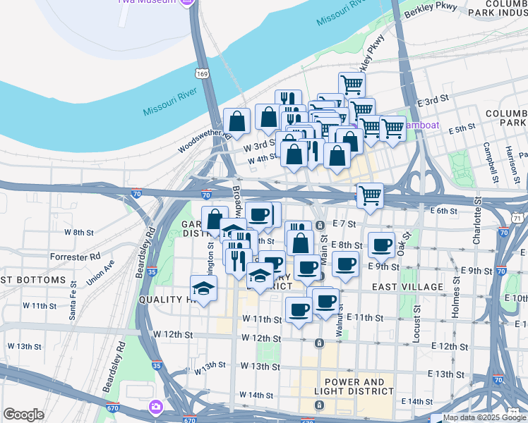 map of restaurants, bars, coffee shops, grocery stores, and more near 143 West 6th Street in Kansas City