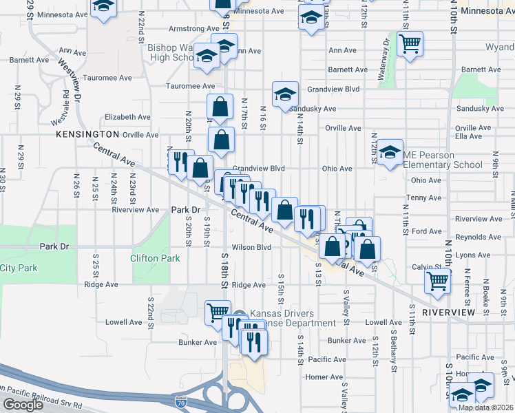 map of restaurants, bars, coffee shops, grocery stores, and more near 215 North 16 Street in Kansas City